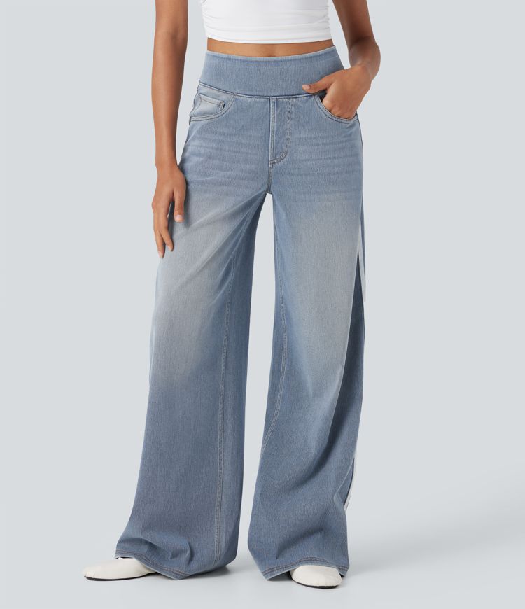 Halara Flex™ High Waisted Stripe Wide Leg Flowy Washed Stretchy Knit Casual Jeans with Multiple Pockets