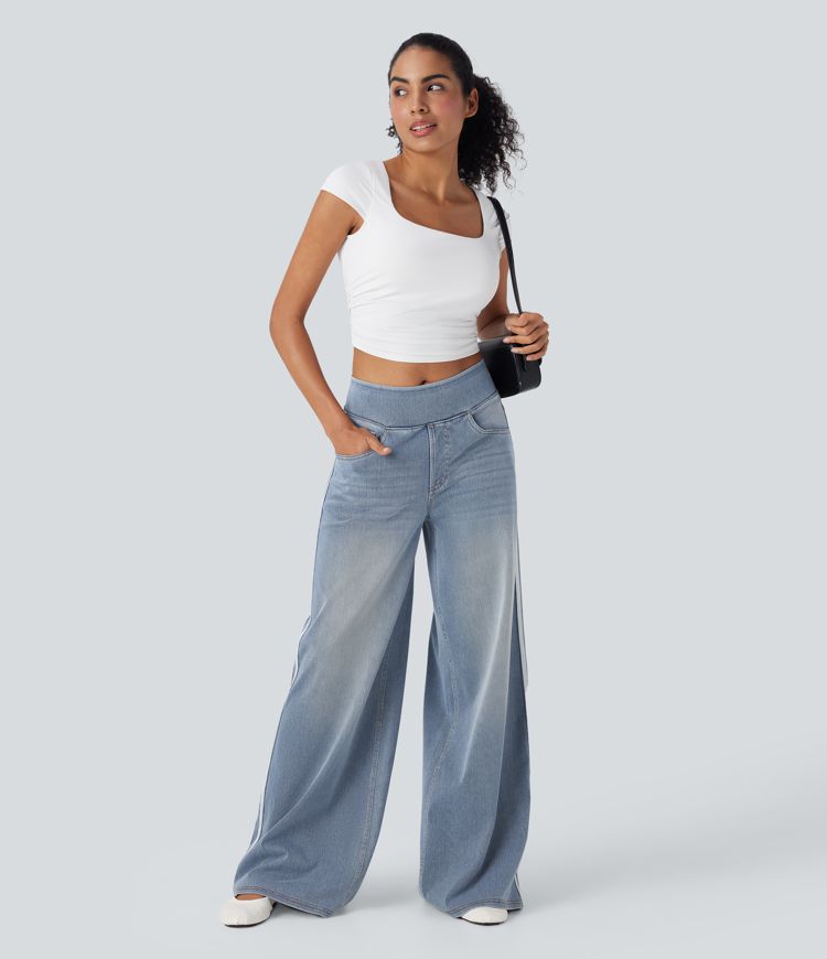Halara Flex™ High Waisted Stripe Wide Leg Flowy Washed Casual Jeans with Pockets