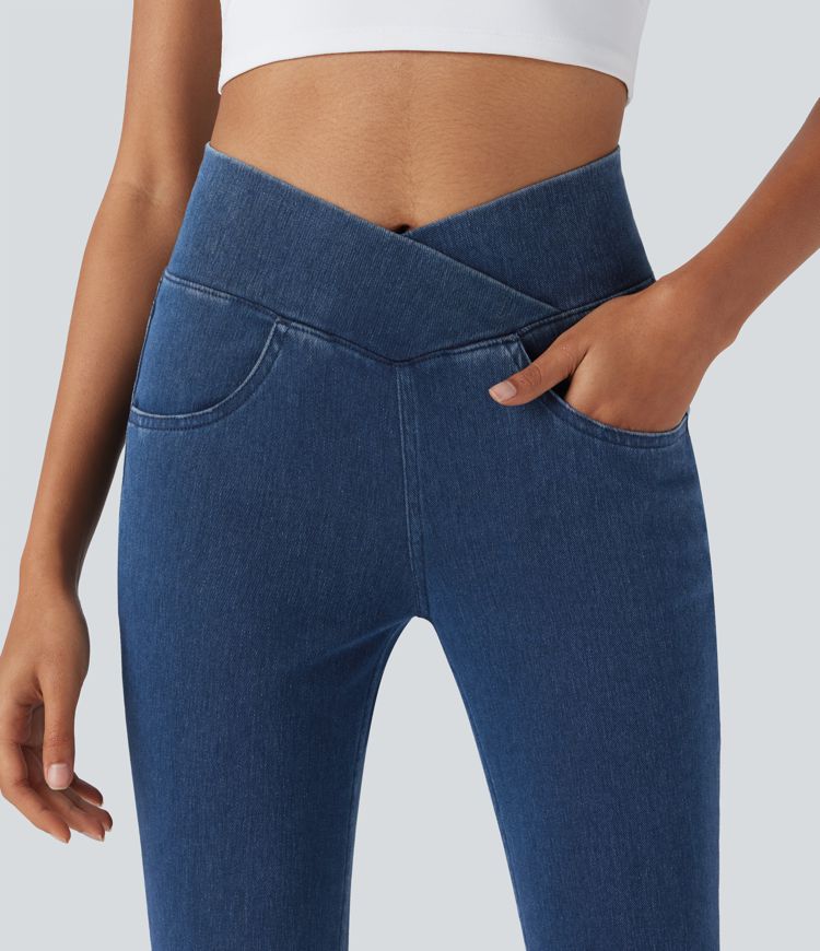 Halara Flex™ Crossover High Waisted Stretchy Knit Denim Casual Capri Leggings with Pockets