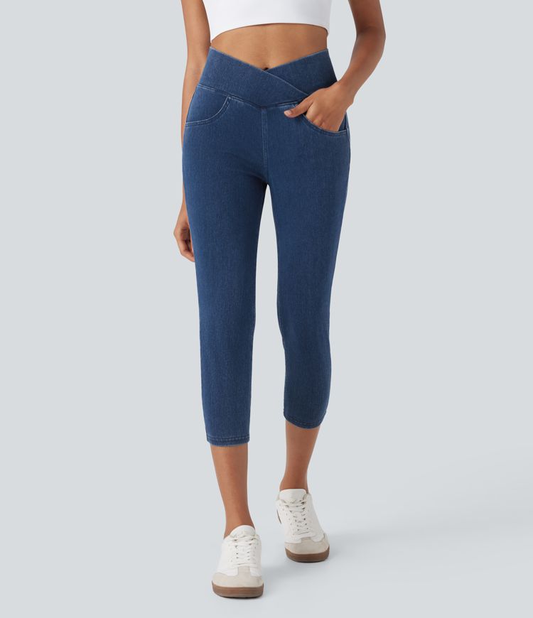 Halara Flex™ Crossover High Waisted Stretchy Knit Denim Casual Capri Leggings with Pockets