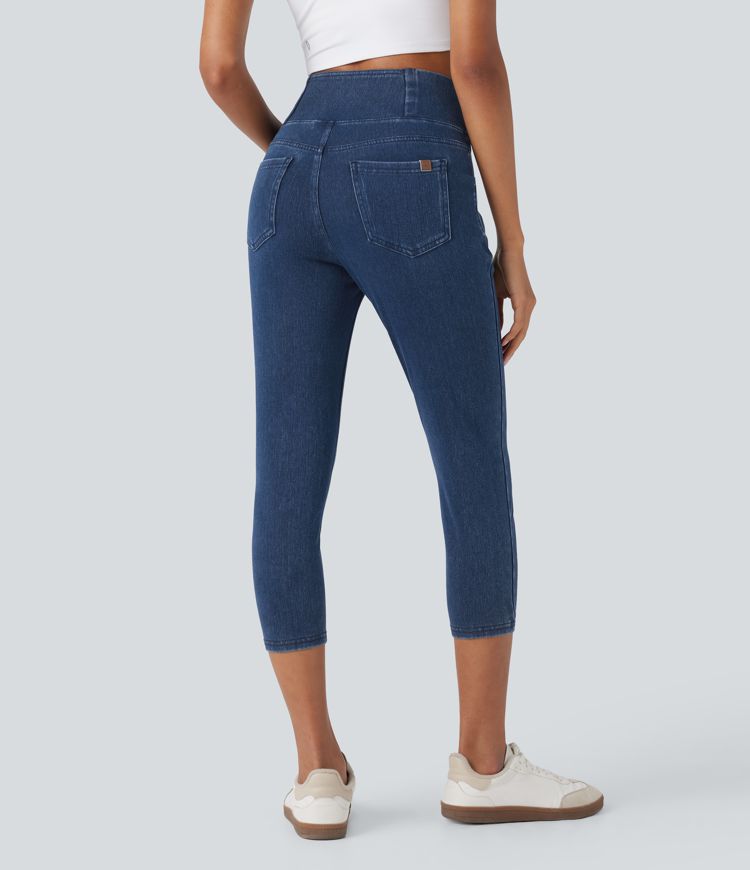 Halara Flex™ Crossover High Waisted Stretchy Knit Denim Casual Capri Leggings with Pockets