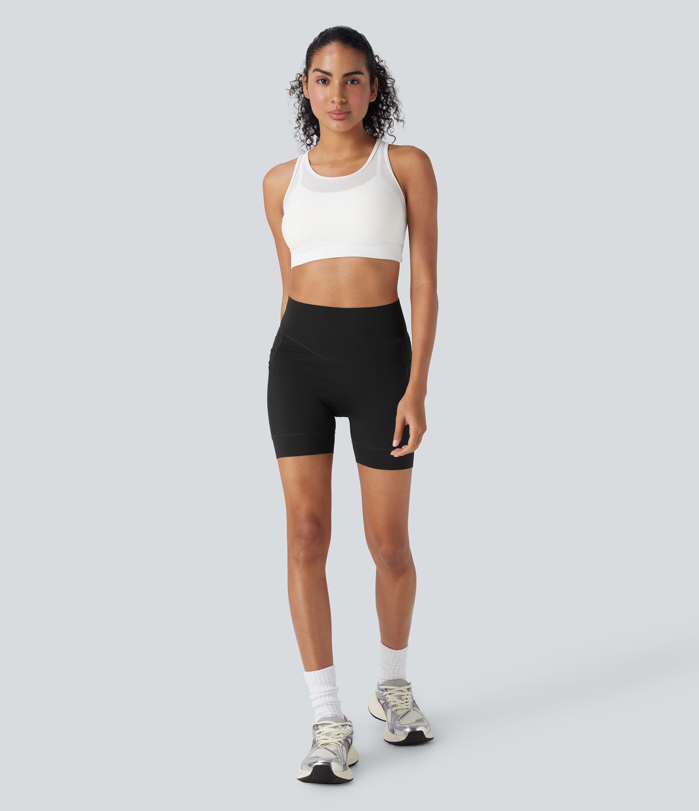 SpeedWave™ High Waisted Contrast Mesh Quick Dry Cycling Chamois Padded Biker Shorts 5'' with Pockets