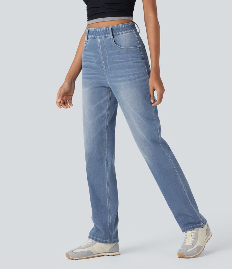 Halara Flex™ High Waisted Tummy Control Pockets Straight Leg Washed Casual Jeans