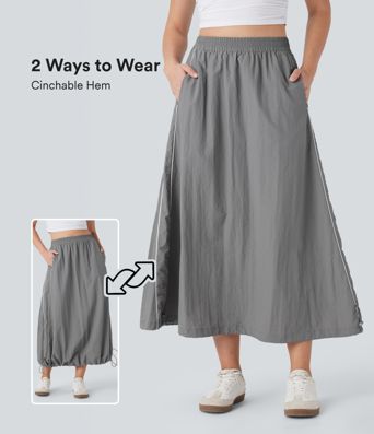 High Waisted Color Block Stripe Cinchable Hem A-line Midi Casual Skirt with Pockets