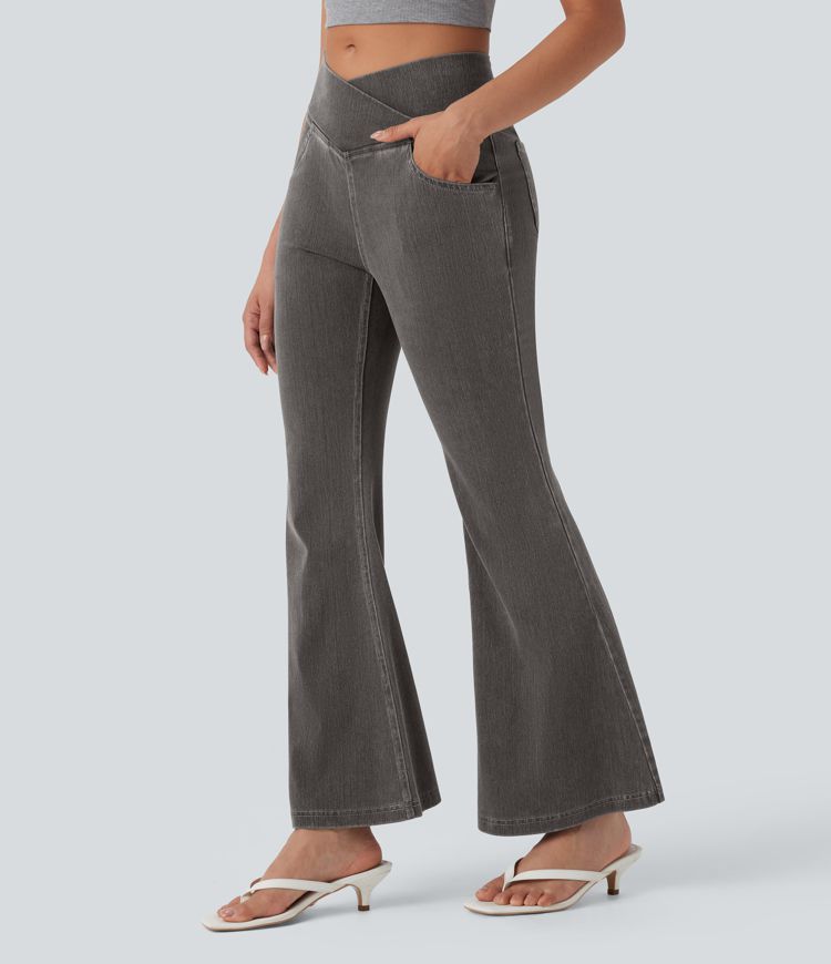 HalaraMagic™ High Waisted Crossover Pocket Washed Stretchy Knit Casual Super Flare Jeans