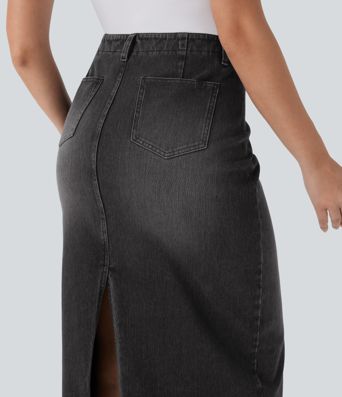 Halara Flex™ Mid Rise Back Midi Washed Denim Casual Straight Skirt with Pockets