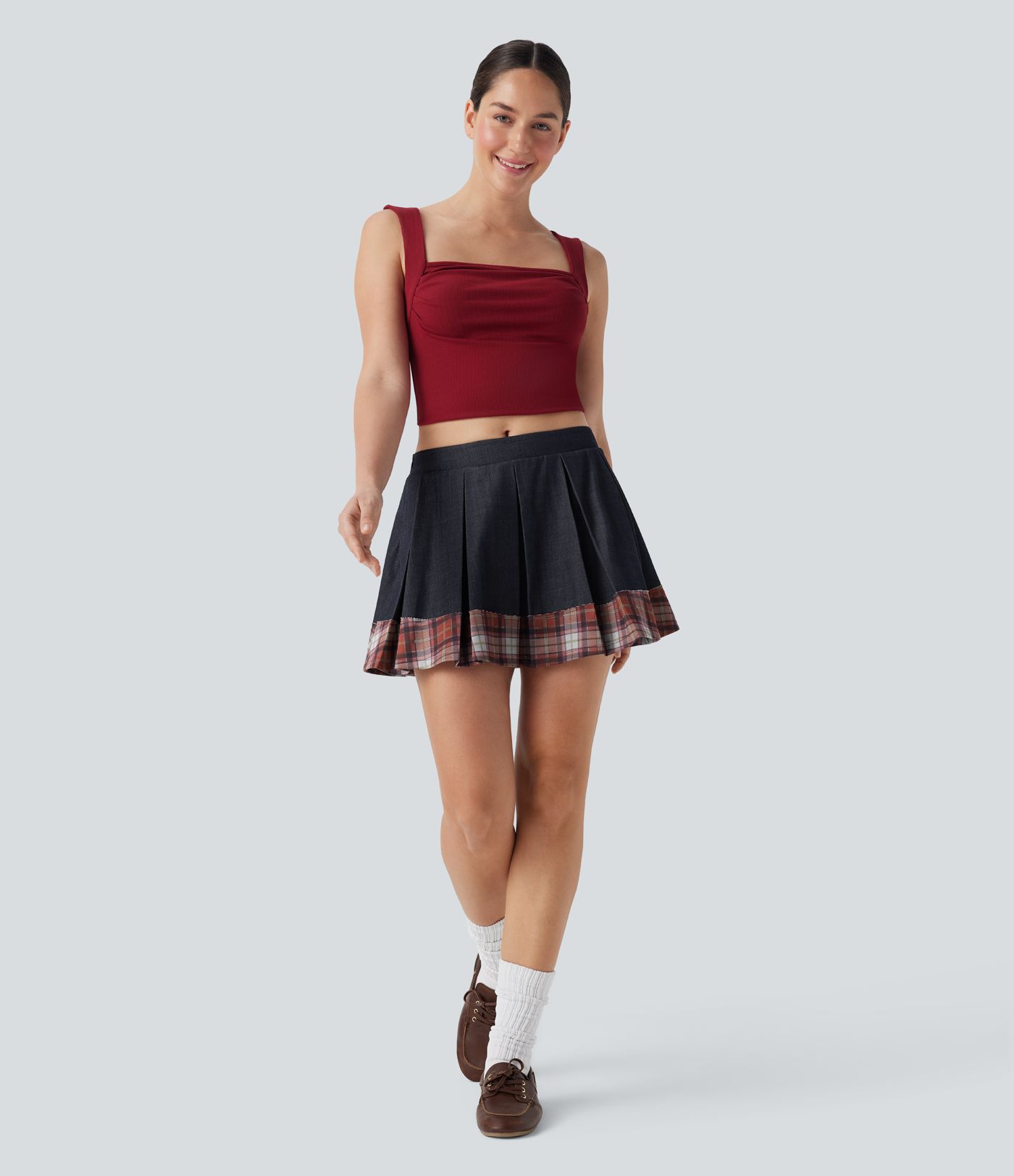 Middelhoge Geplooide A-Lijn 2-in-1 Denim-Achtige Geruite Casual Minirok met Zak