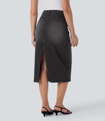Halara Flex™ Mid Rise Back Midi Washed Denim Casual Straight Skirt with Pockets
