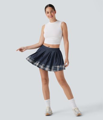 Mid Rise Pleated A-Line 2-in-1 Denim Like Plaid Mini Casual Skirt with Pocket