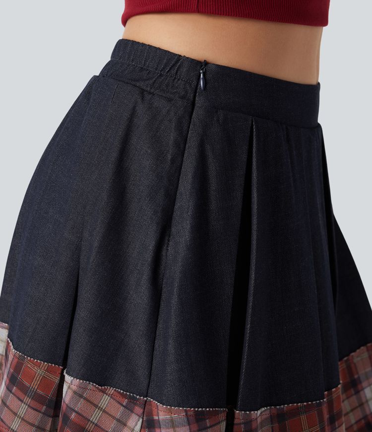 Middelhoge Geplooide A-Lijn 2-in-1 Denim-Achtige Geruite Casual Minirok met Zak