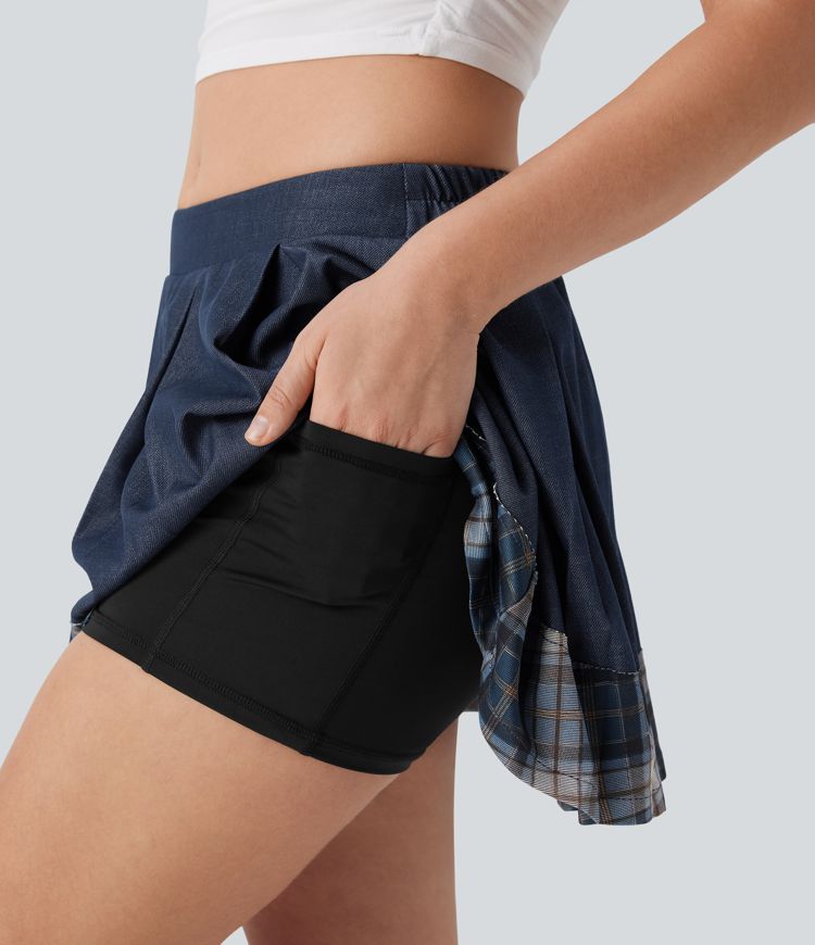 Mid Rise Pleated A-Line 2-in-1 Denim Like Plaid Mini Casual Skirt with Pocket