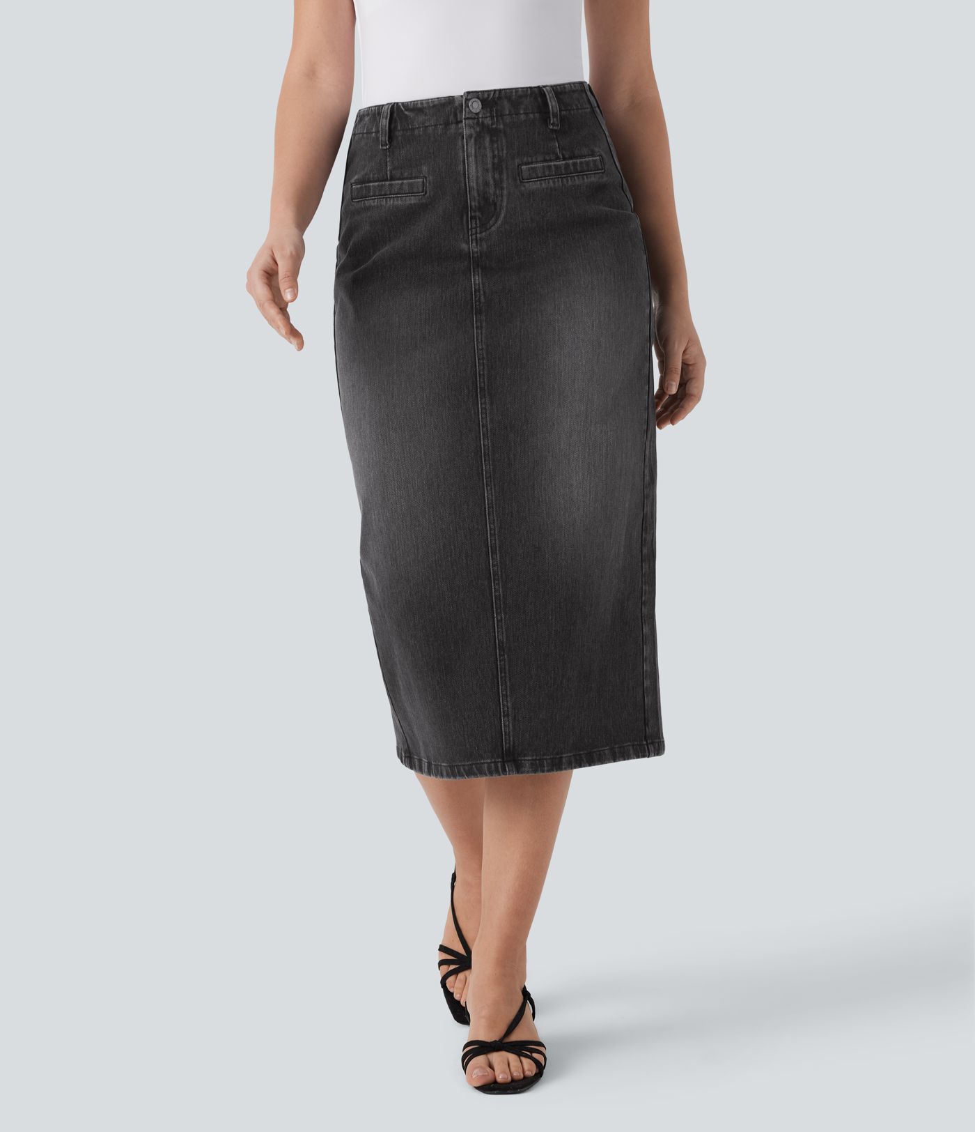 Halara Flex™ Mid Rise Back Midi Washed Denim Casual Straight Skirt with Pockets