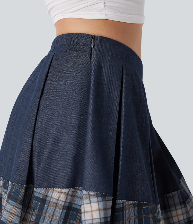 Mid Rise Pleated A-Line 2-in-1 Denim Like Plaid Mini Casual Skirt with Pocket