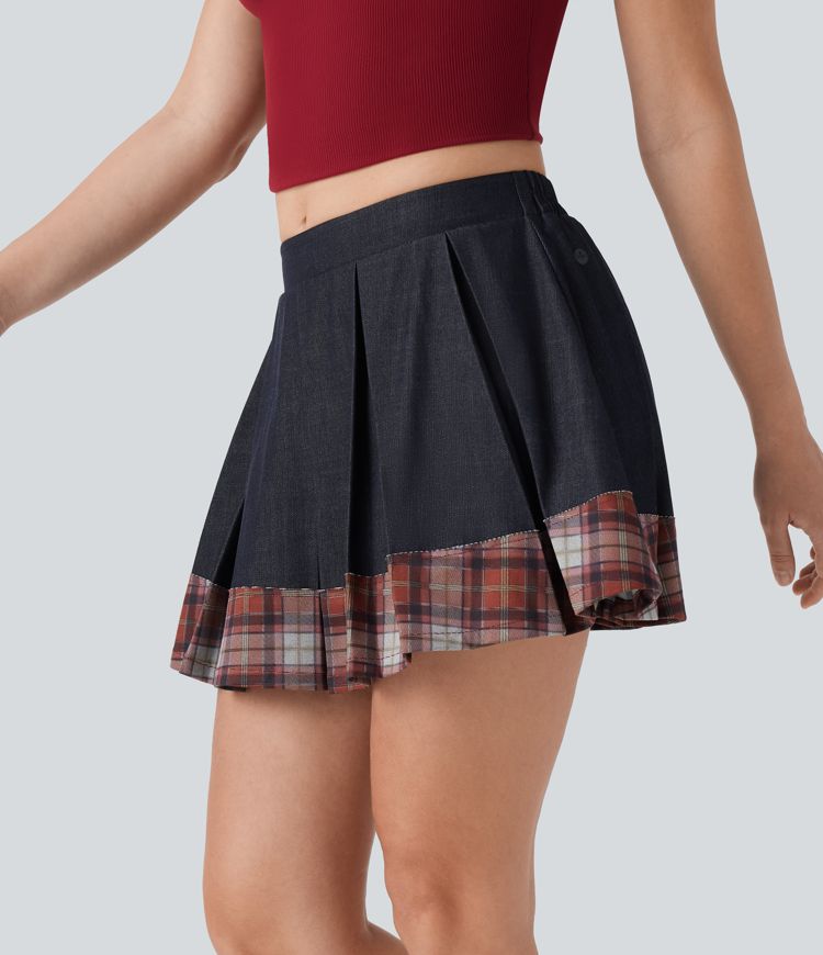 Mid Rise Pleated A-Line 2-in-1 Denim Like Plaid Mini Casual Skirt with Pocket