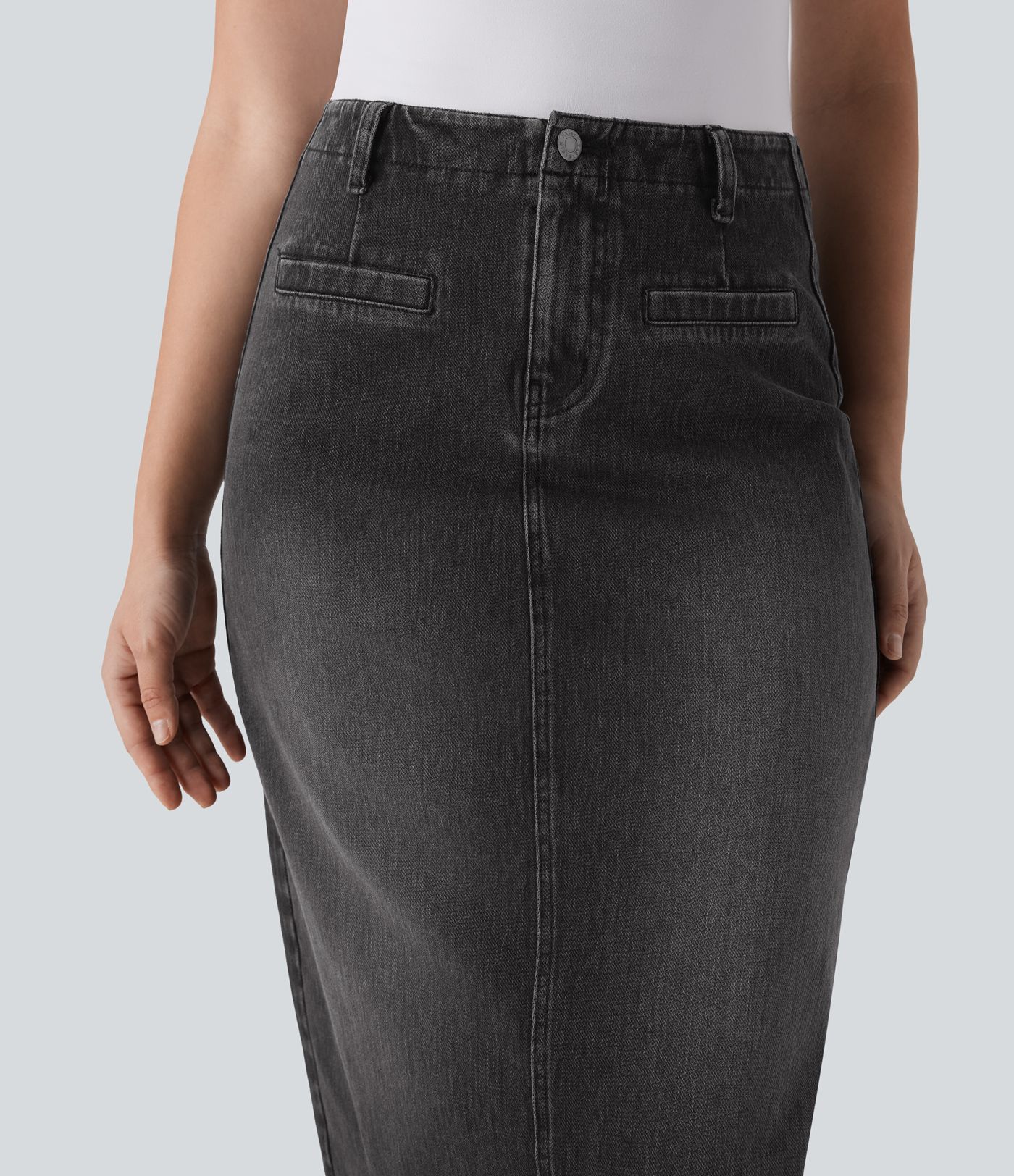 Halara Flex™ Mid Rise Back Midi Washed Denim Casual Straight Skirt with Pockets