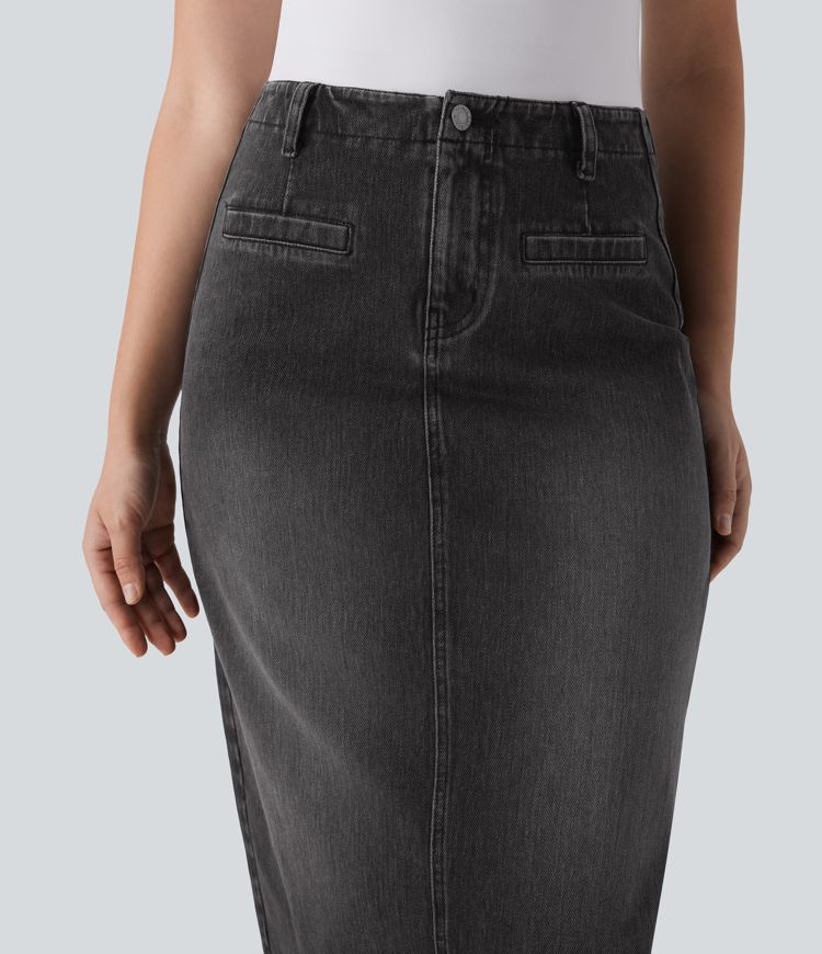 Halara Flex™ Mid Rise Back Midi Washed Denim Casual Straight Skirt with Pockets