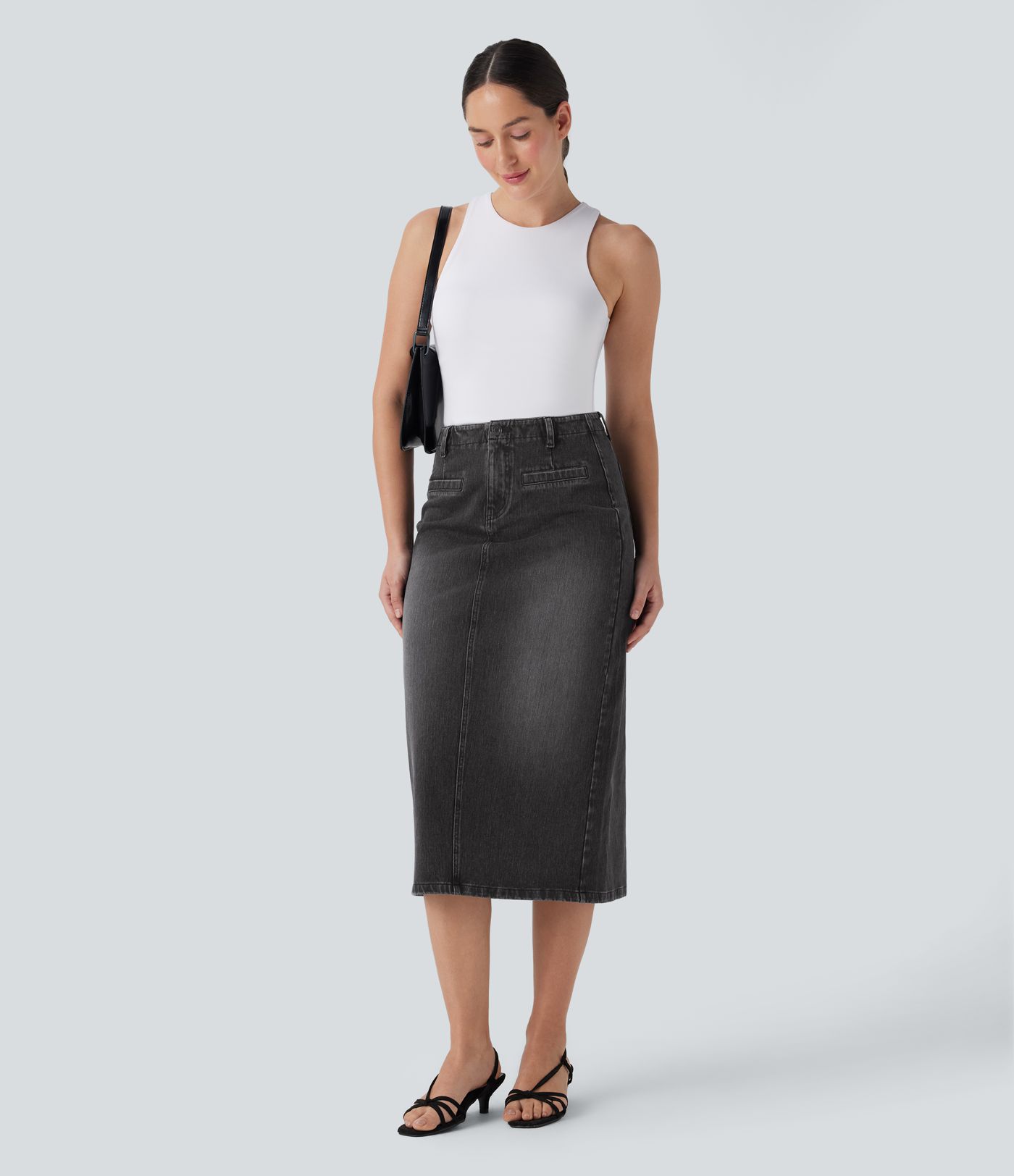 Halara Flex™ Mid Rise Back Midi Washed Denim Casual Straight Skirt with Pockets