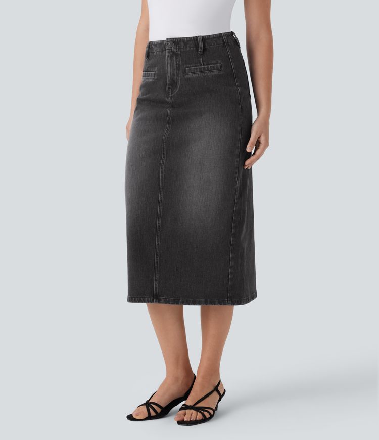 Halara Flex™ Mid Rise Back Midi Washed Denim Casual Straight Skirt with Pockets