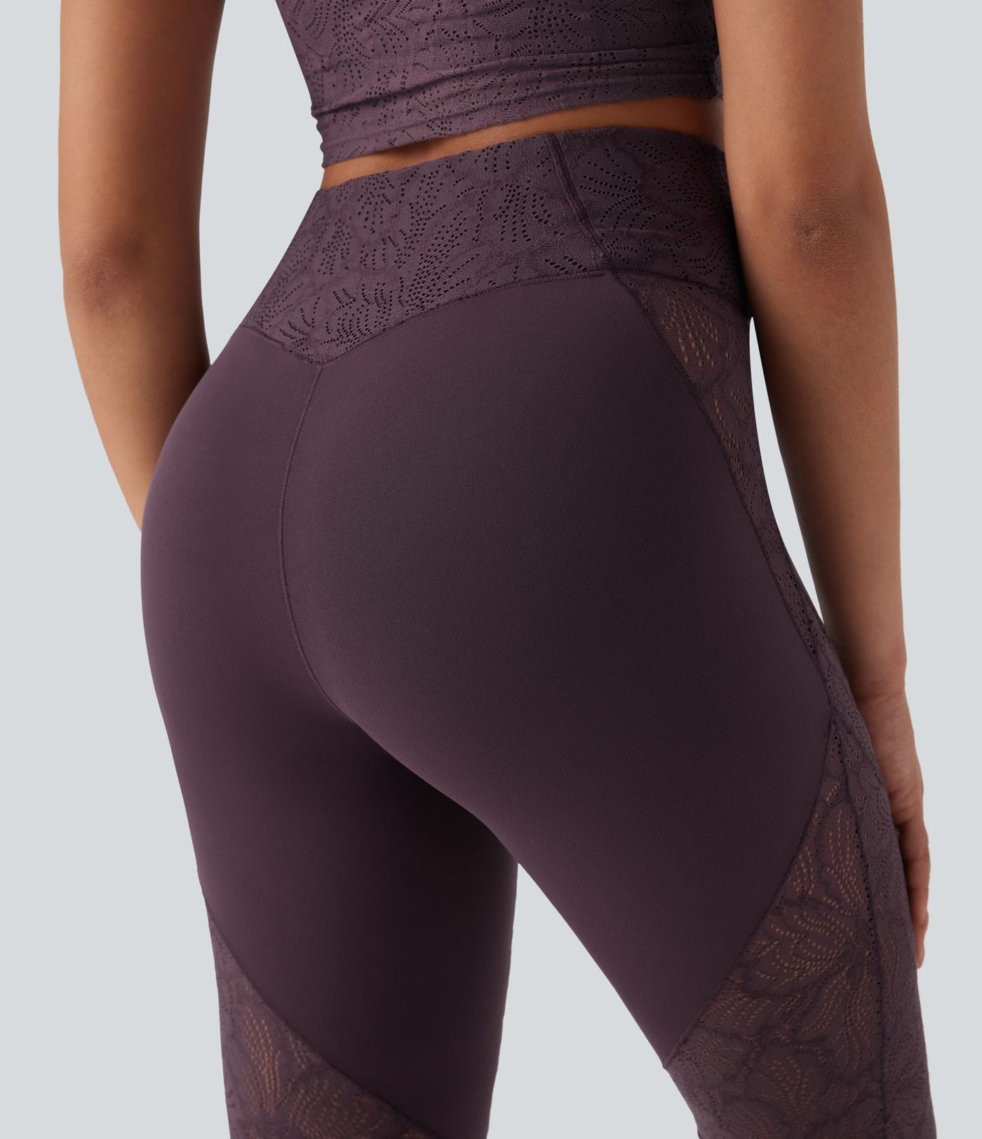 Softlyzero™ High Waisted Crossover Back Pocket Contrast Lace Flared Yoga Leggings