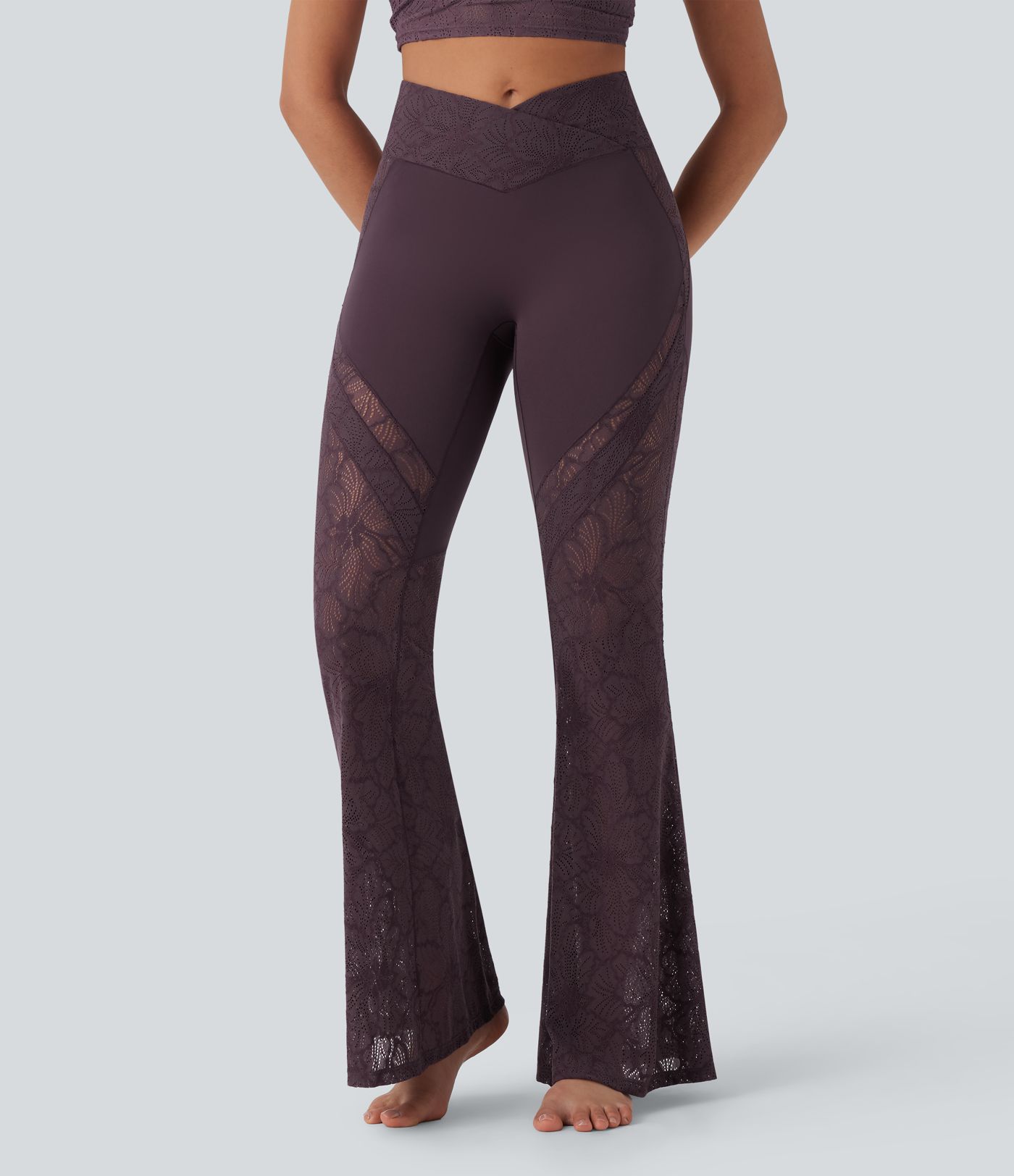 Softlyzero™ High Waisted Crossover Back Pocket Contrast Lace Flared Yoga Leggings