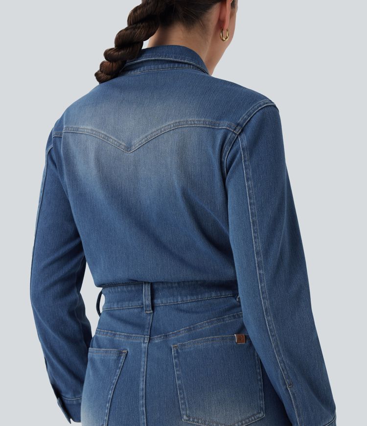 Robe chemise midi casual denim Halara Flex™ manches longues avec poches