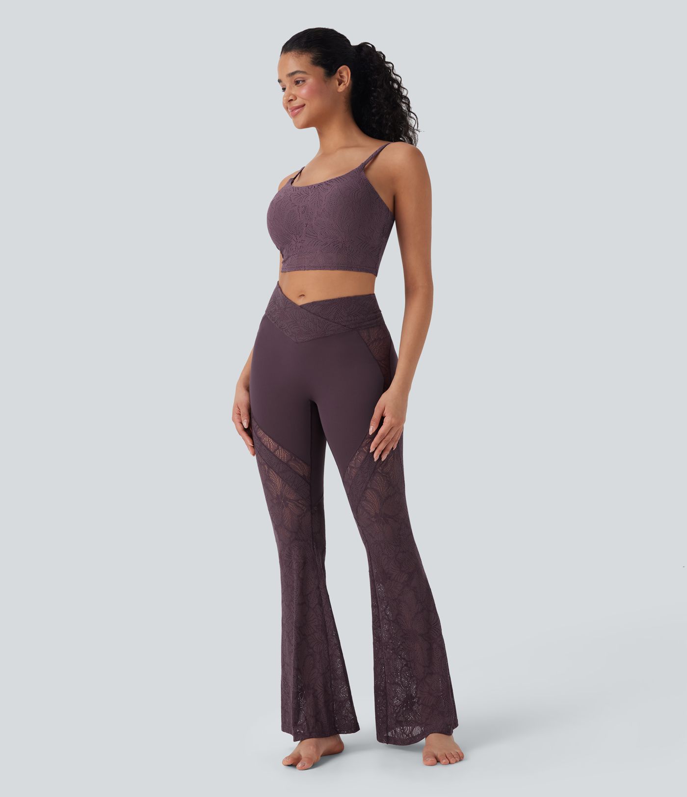 Softlyzero™ High Waisted Crossover Back Pocket Contrast Lace Flared Yoga Leggings