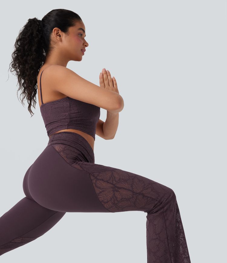 Softlyzero™ High Waisted Crossover Back Pocket Contrast Lace Flared Yoga Leggings