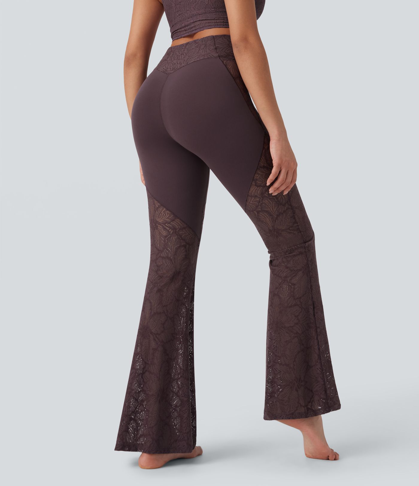 Softlyzero™ High Waisted Crossover Back Pocket Contrast Lace Flared Yoga Leggings