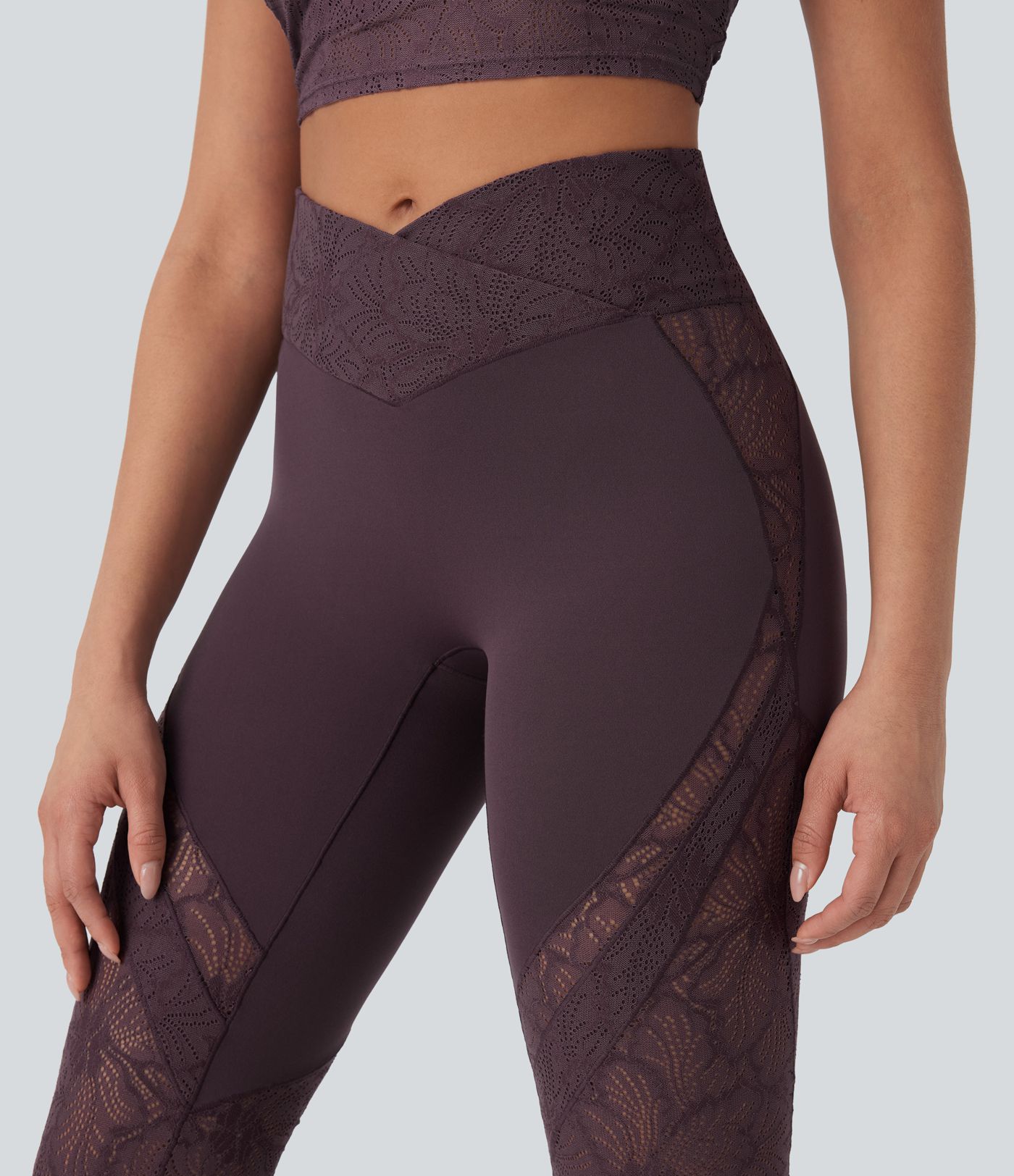 Softlyzero™ High Waisted Crossover Back Pocket Contrast Lace Flared Yoga Leggings