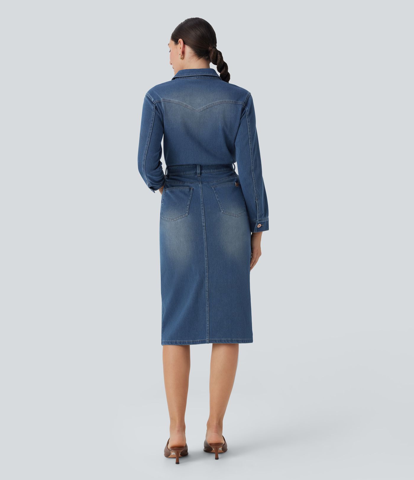 Robe chemise midi casual denim Halara Flex™ manches longues avec poches