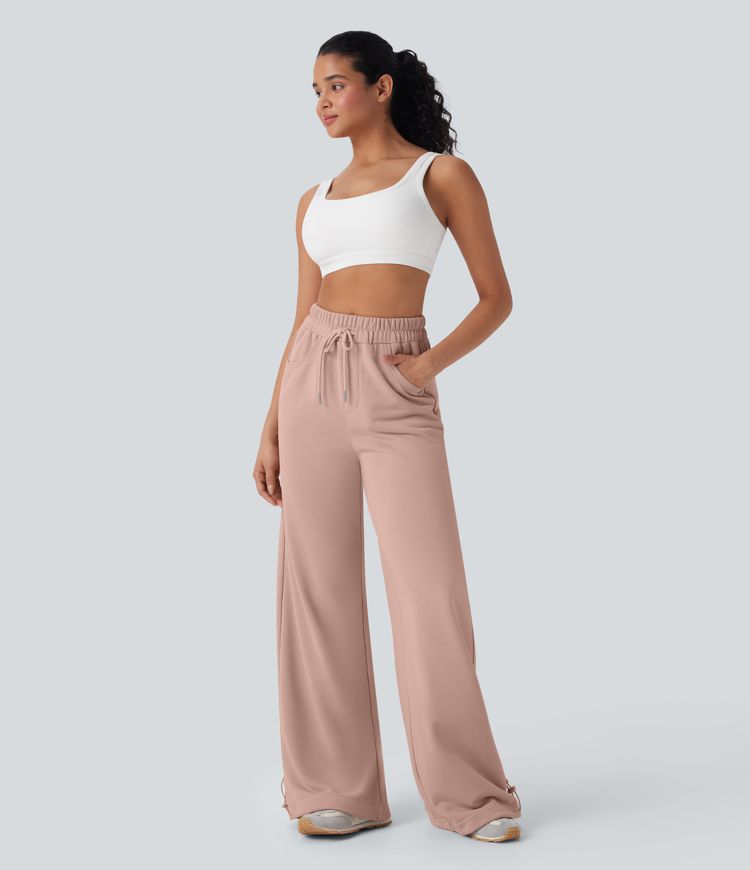 High Waisted Drawstring Cinchable Hem Wide Leg Casual Pants with Pockets