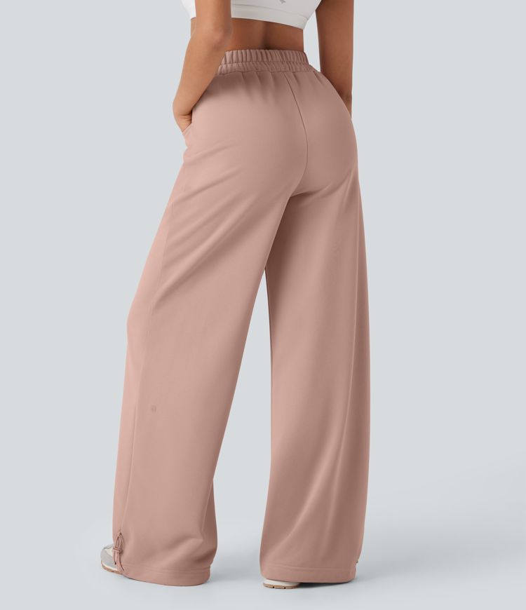 High Waisted Drawstring Cinchable Hem Wide Leg Casual Pants with Pockets
