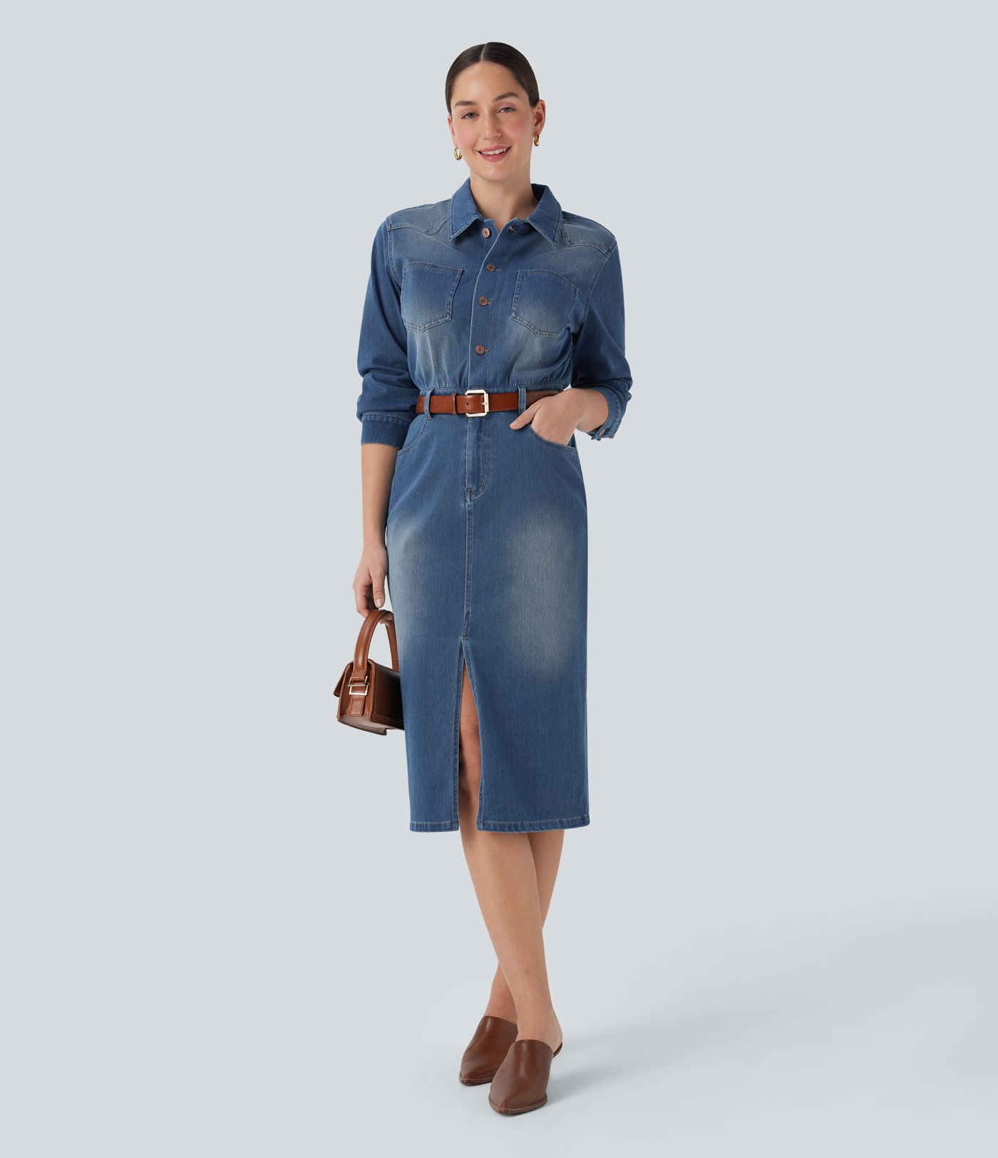 Robe chemise midi casual denim Halara Flex™ manches longues avec poches