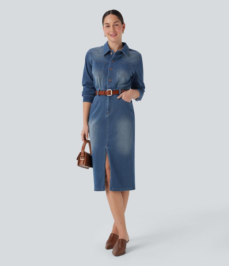 Robe chemise midi casual denim Halara Flex™ manches longues avec poches