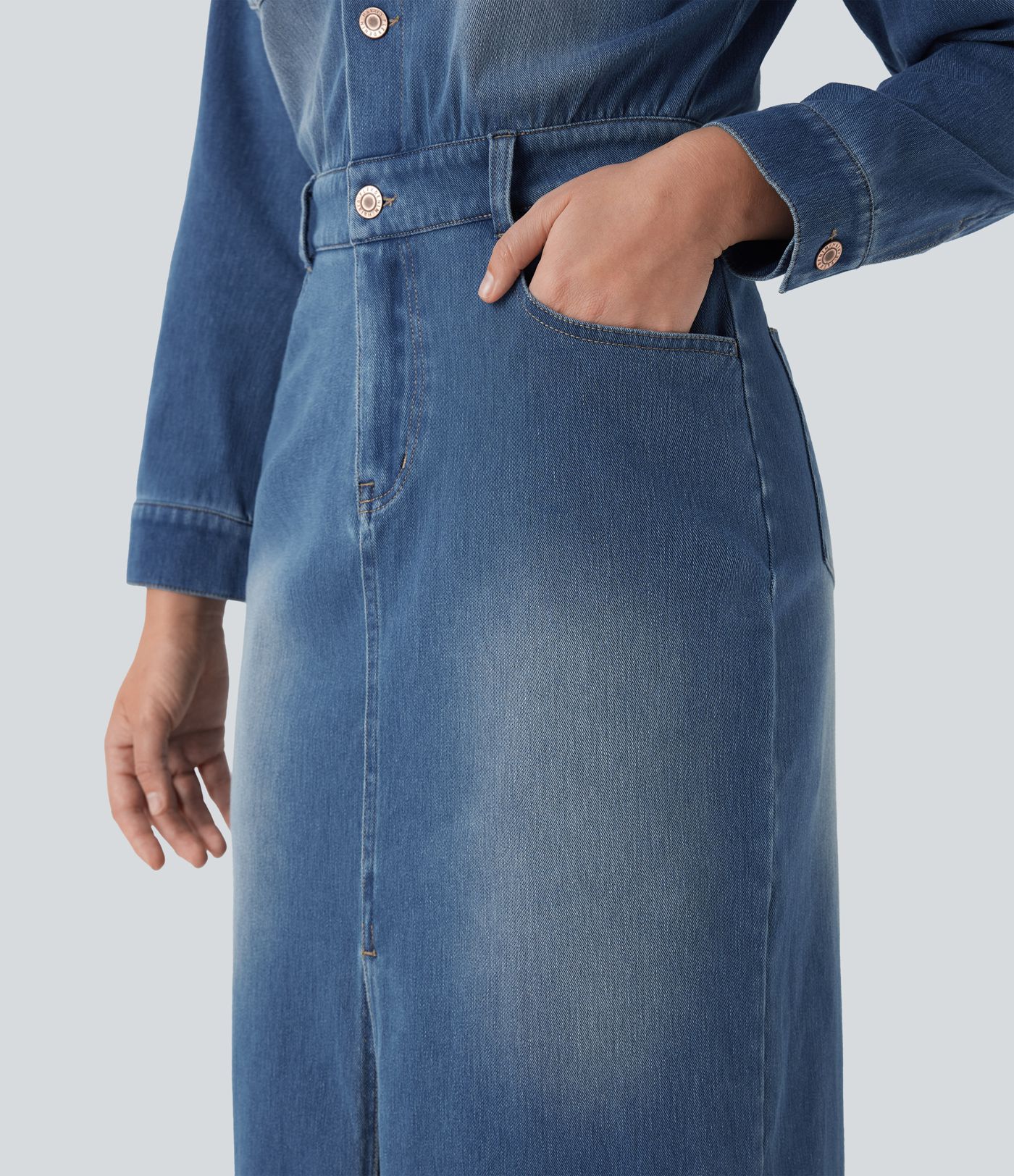 Robe chemise midi casual denim Halara Flex™ manches longues avec poches