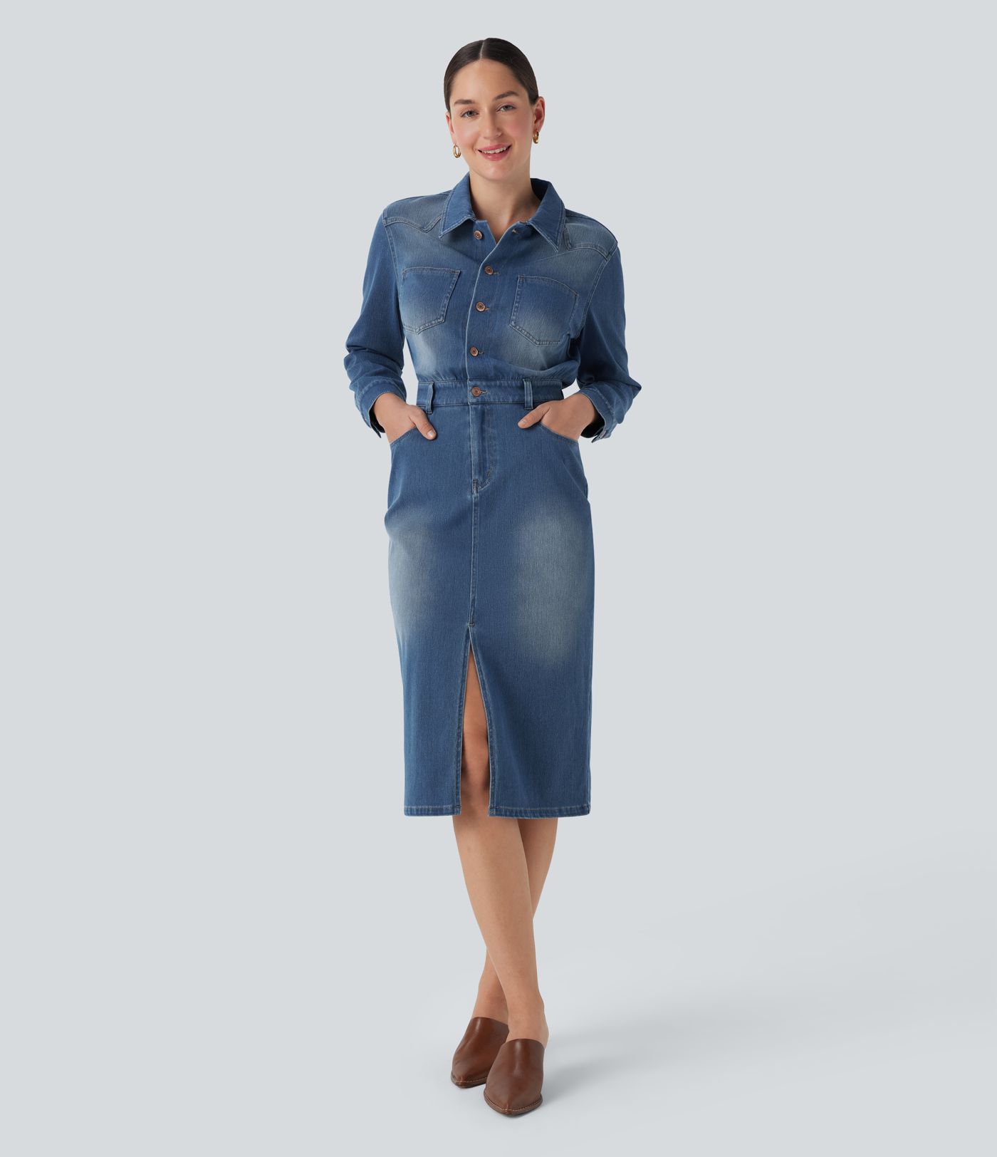 Robe chemise midi casual denim Halara Flex™ manches longues avec poches