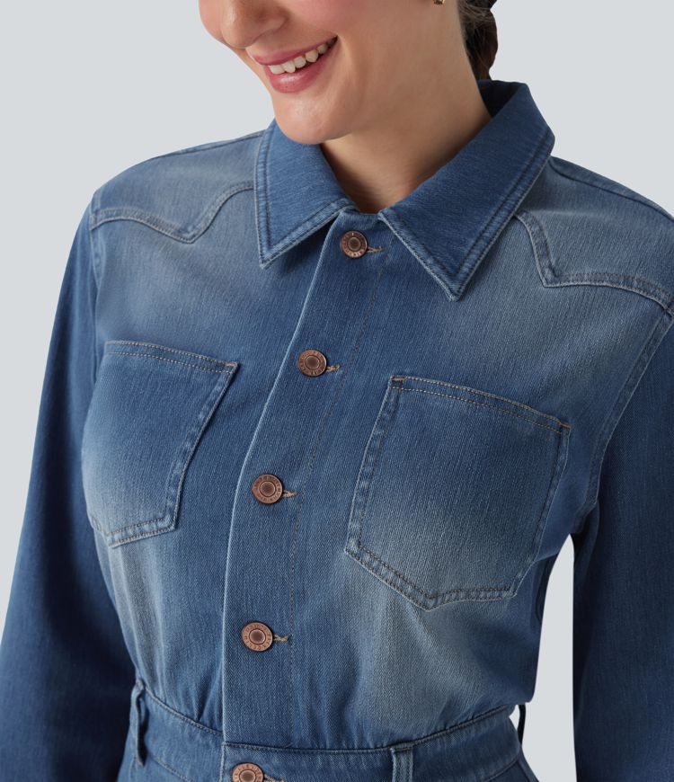 Robe chemise midi casual denim Halara Flex™ manches longues avec poches