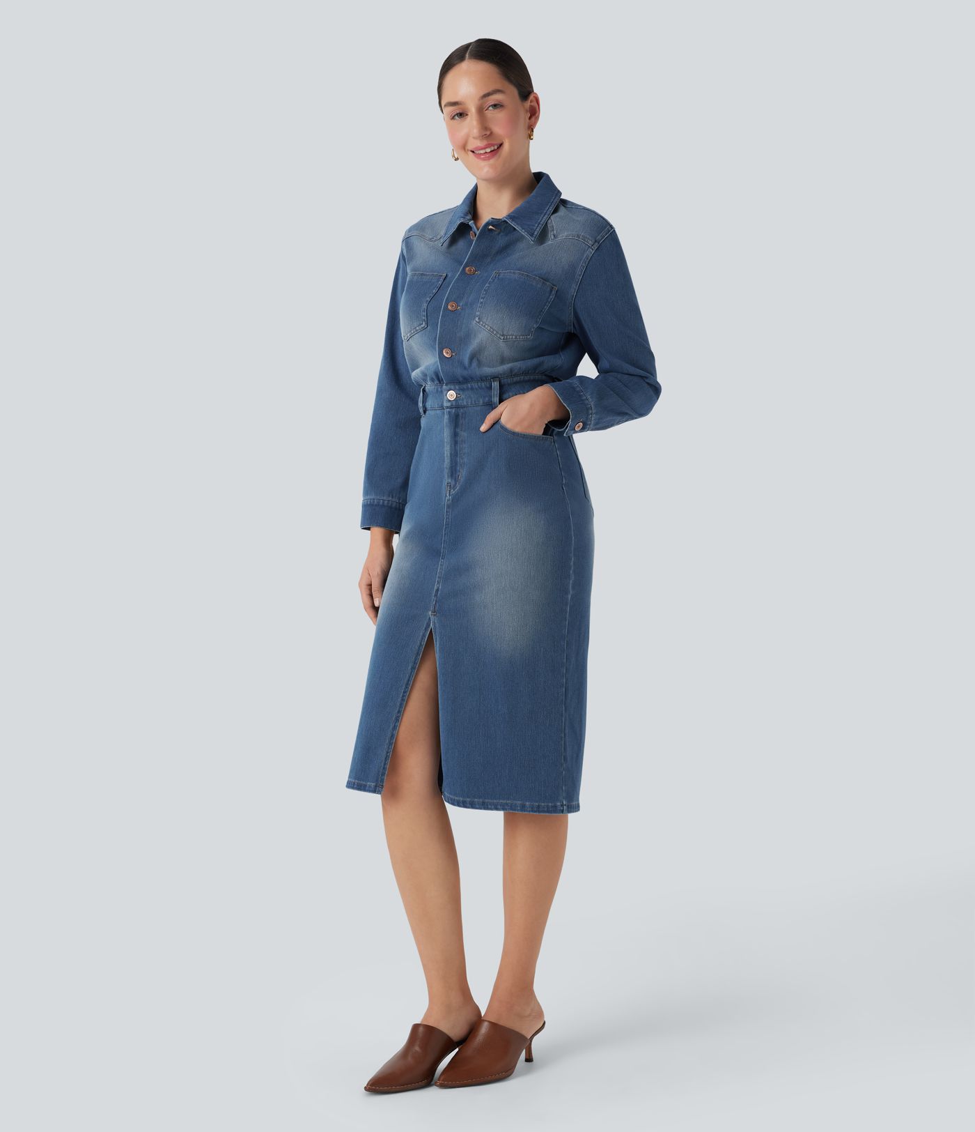 Robe chemise midi casual denim Halara Flex™ manches longues avec poches