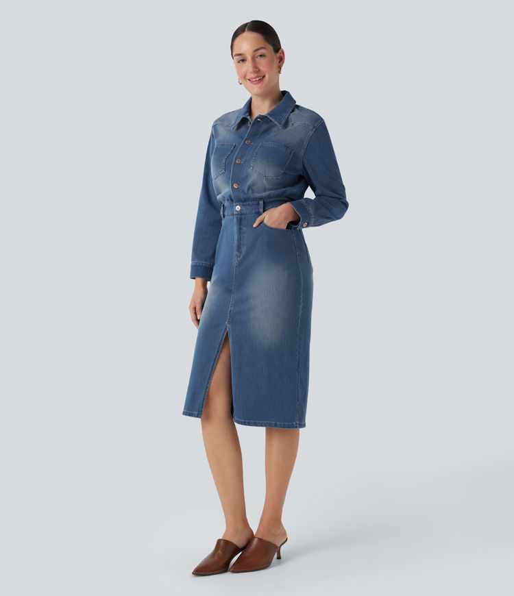 Robe chemise midi casual denim Halara Flex™ manches longues avec poches