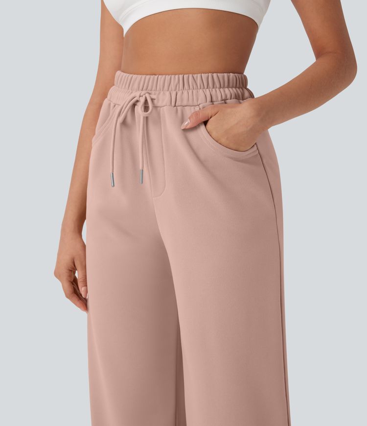 High Waisted Drawstring Cinchable Hem Wide Leg Casual Pants with Pockets