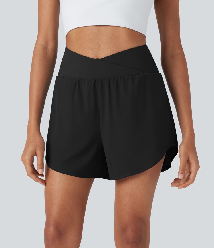 Breezeful™ High Waisted Crossover 2-in-1 Quick Dry Yoga Shorts with Pockets
