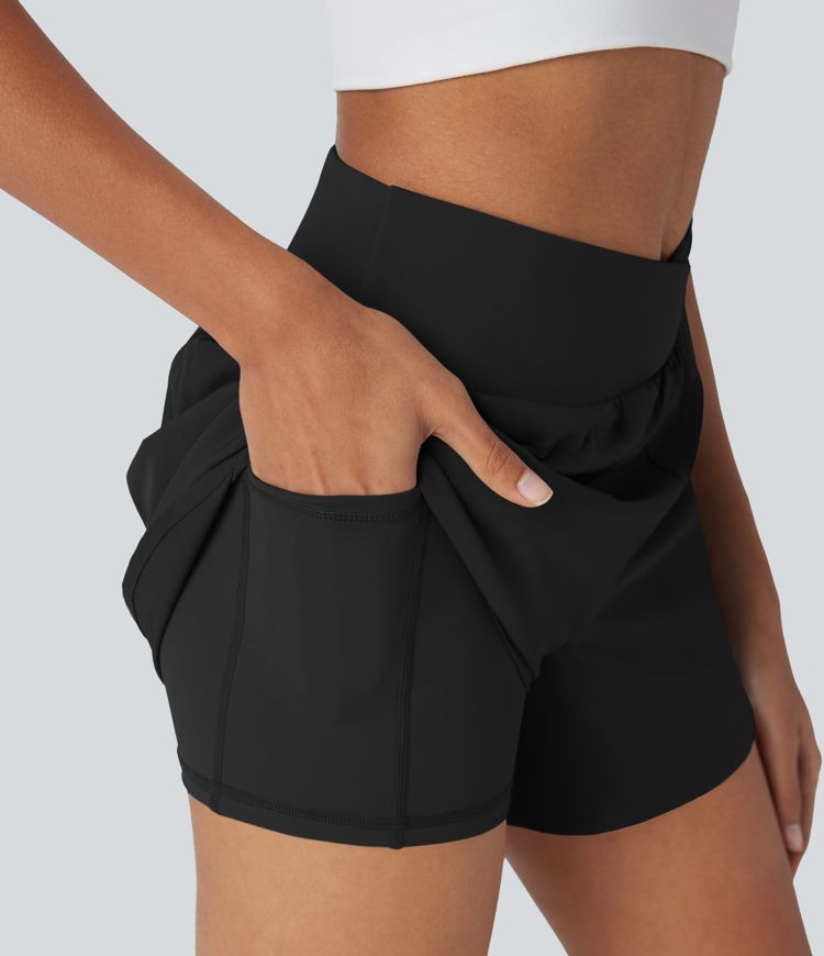 Breezeful™ High Waisted Crossover 2-in-1 Quick Dry Yoga Shorts with Pockets