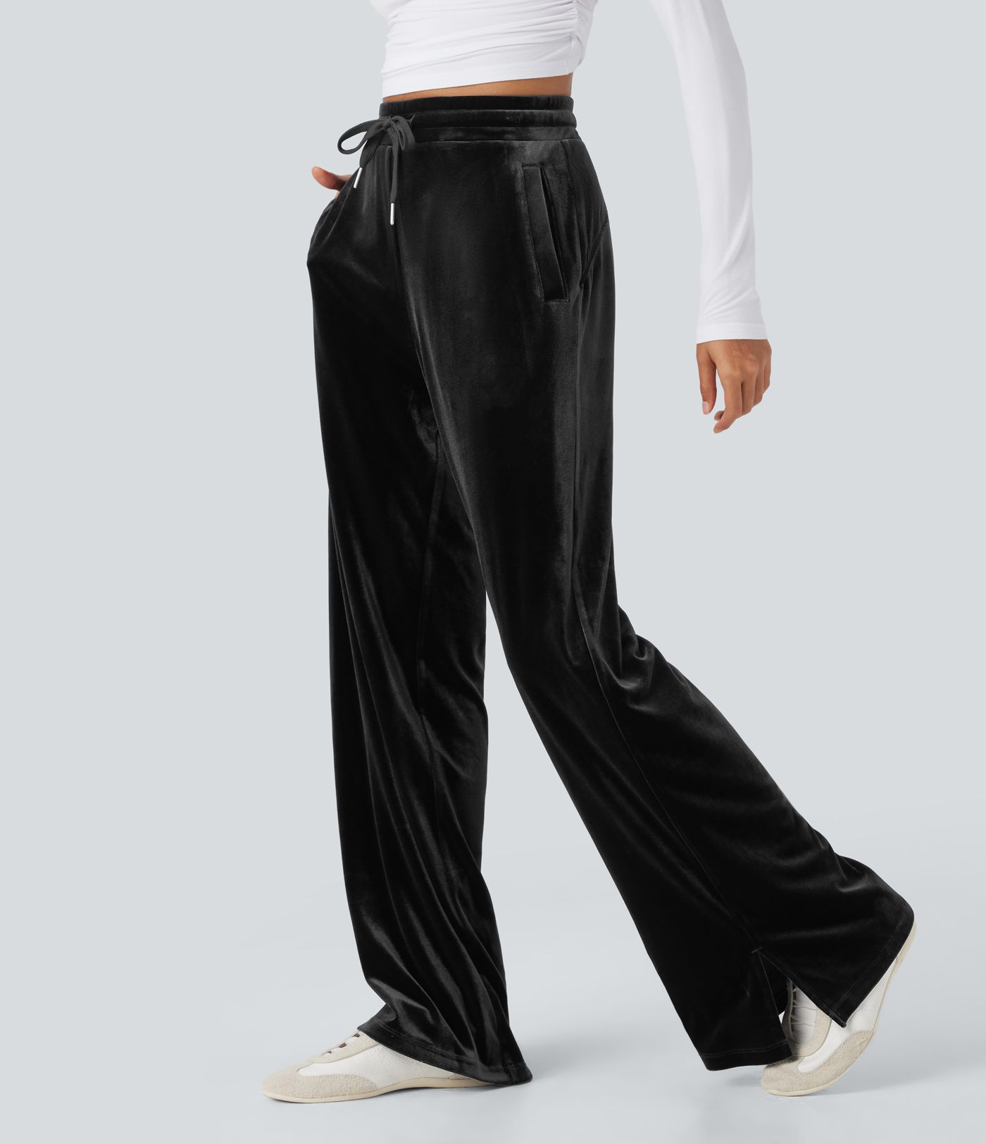 High Waisted Drawstring Wide Leg Velvet Casual Pants with Pockets