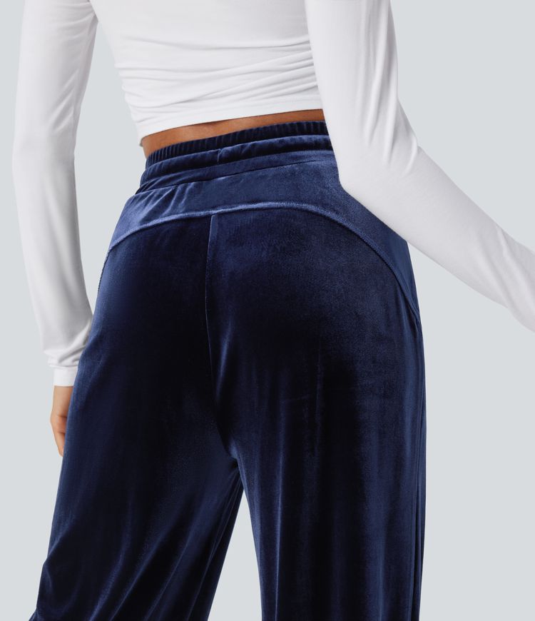 Pantalones casuales anchos de terciopelo con tiro alto y cordón ajustable con bolsillos