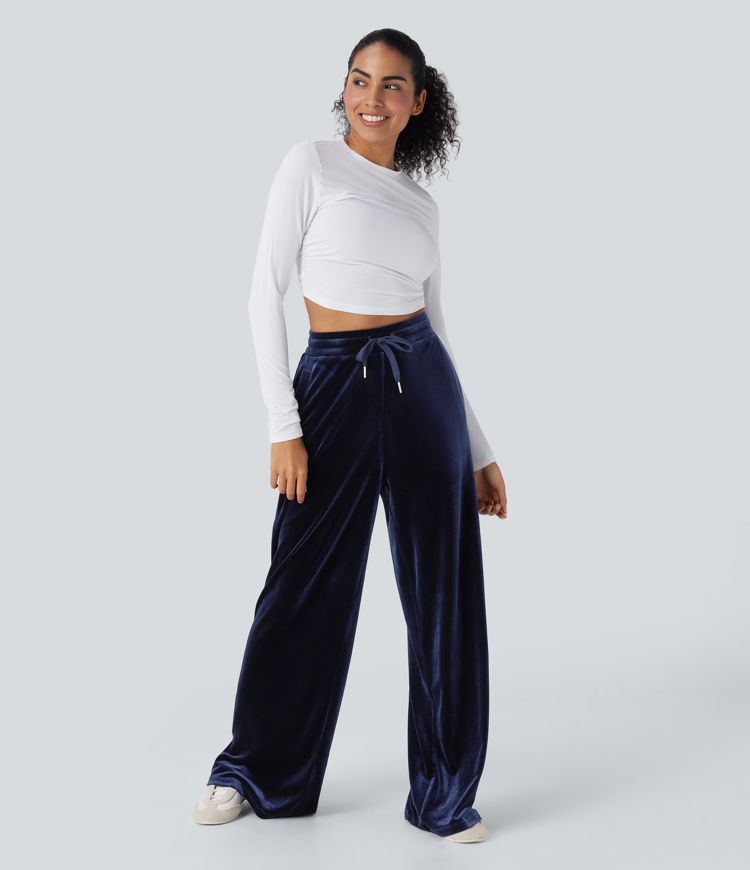 Pantalones casuales anchos de terciopelo con tiro alto y cordón ajustable con bolsillos