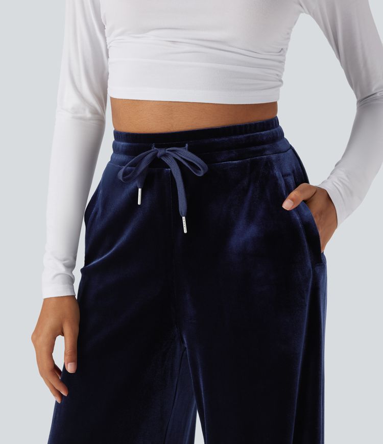 Pantalones casuales anchos de terciopelo con tiro alto y cordón ajustable con bolsillos