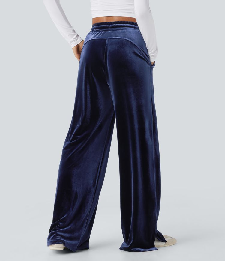 Pantalones casuales anchos de terciopelo con tiro alto y cordón ajustable con bolsillos