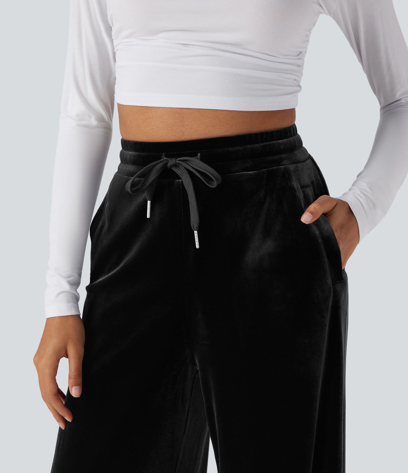 High Waisted Drawstring Wide Leg Velvet Casual Pants with Pockets