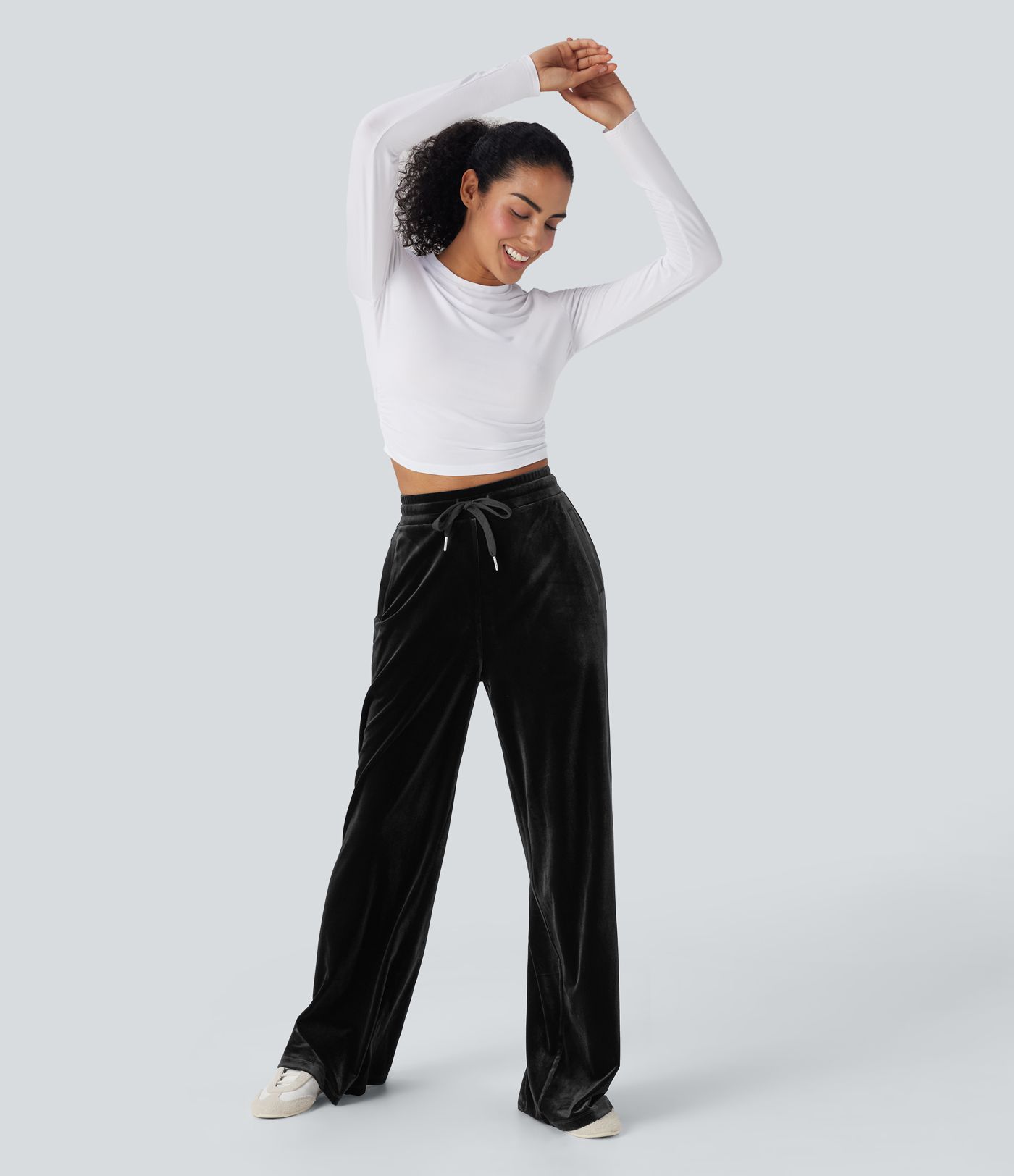 High Waisted Drawstring Wide Leg Velvet Casual Pants with Pockets