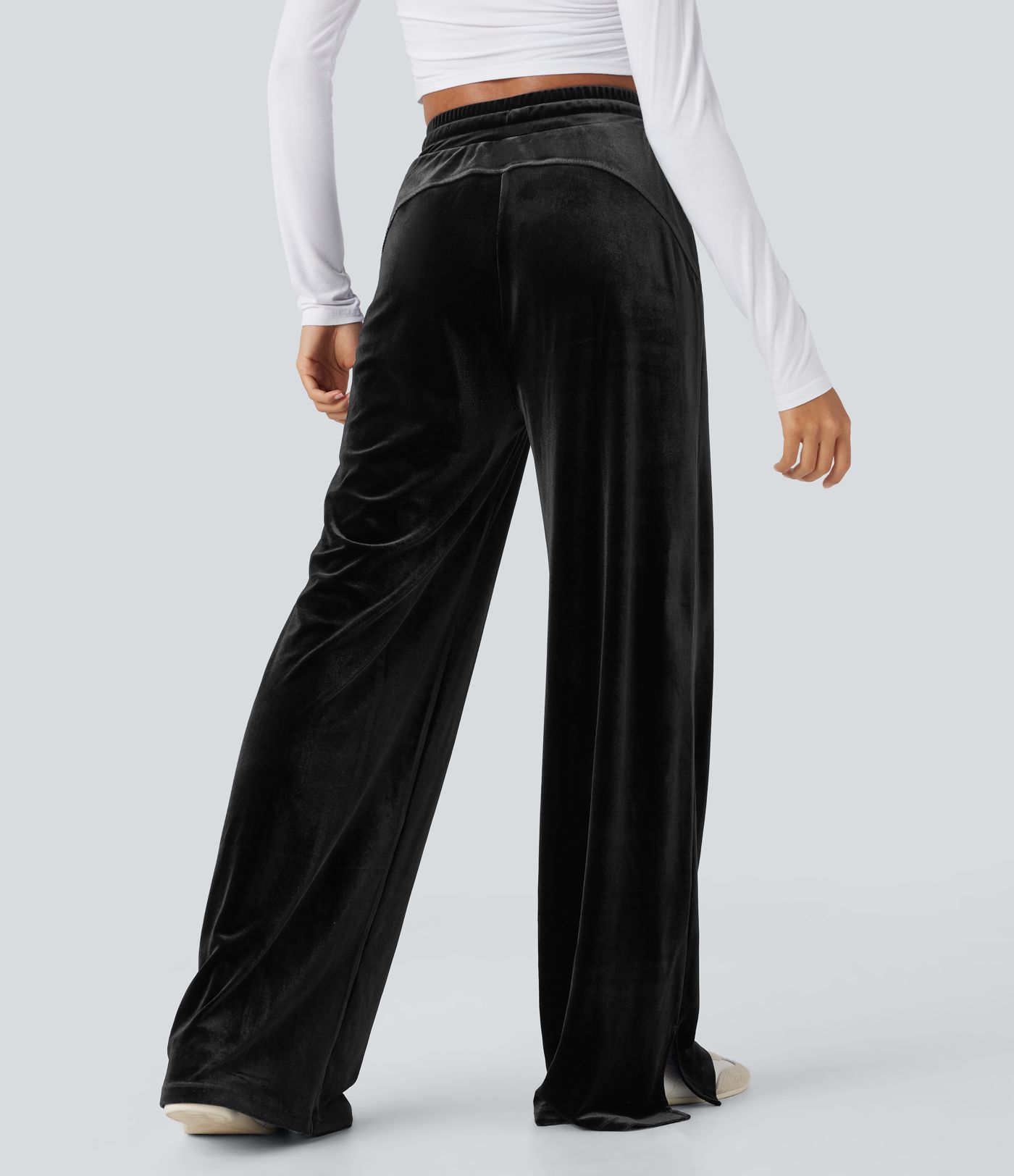 High Waisted Drawstring Wide Leg Velvet Casual Pants with Pockets